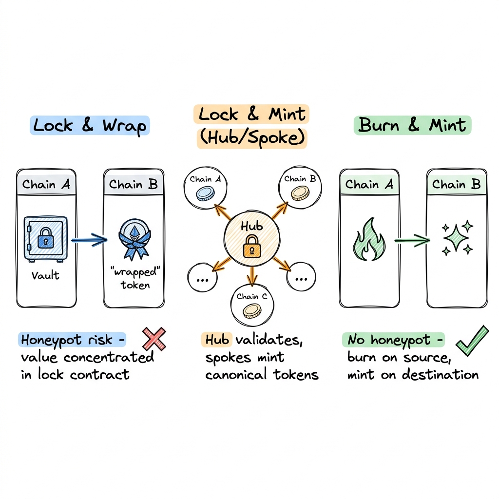 Diagram comparing three cross-chain bridge models: lock-and-wrap, lock-and-mint hub-and-spoke, and burn-and-mint