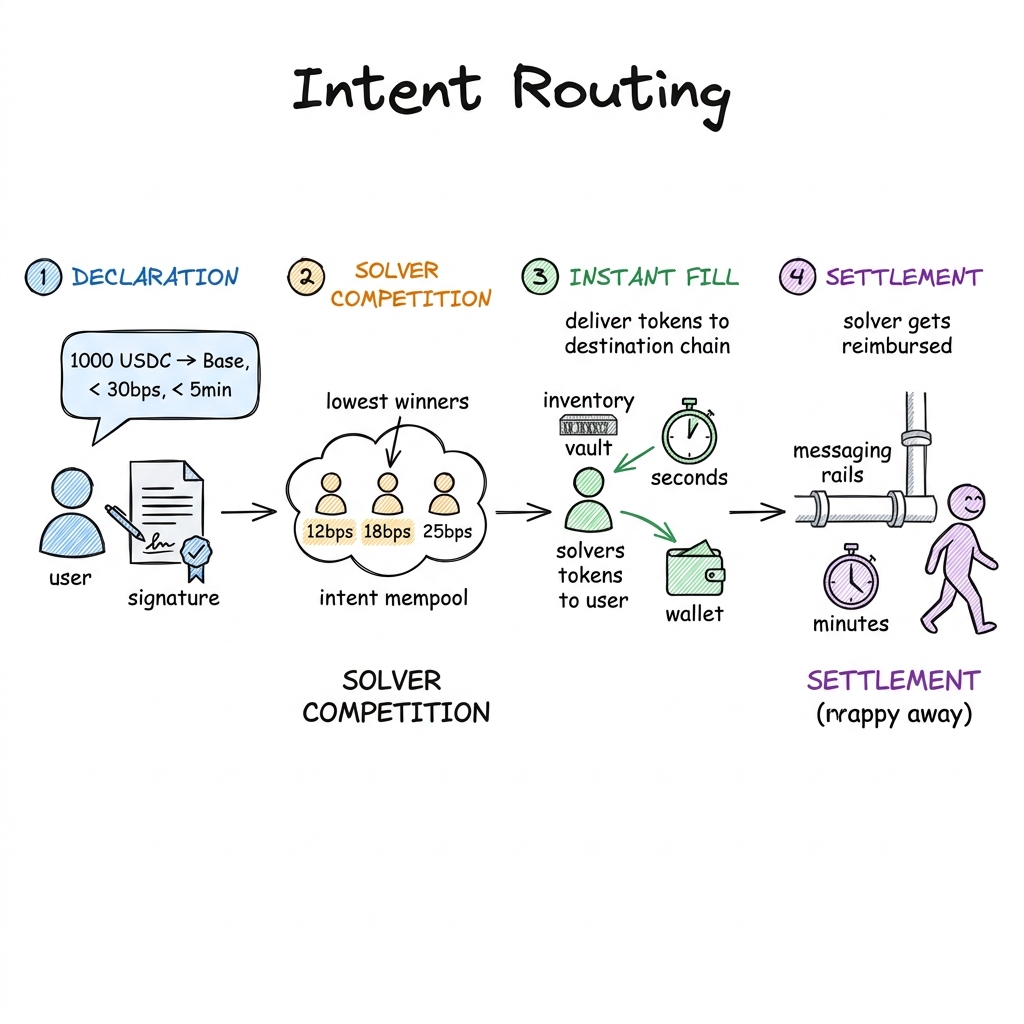 Diagram showing the four stages of intent routing: declaration, solver competition, instant fill, and settlement