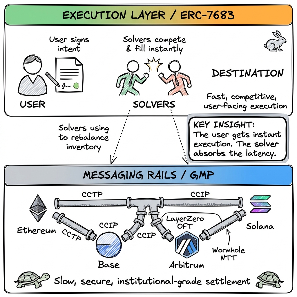 Diagram showing the two-layer architecture: messaging rails below providing secure settlement, and the intent execution layer above providing fast user-facing fills